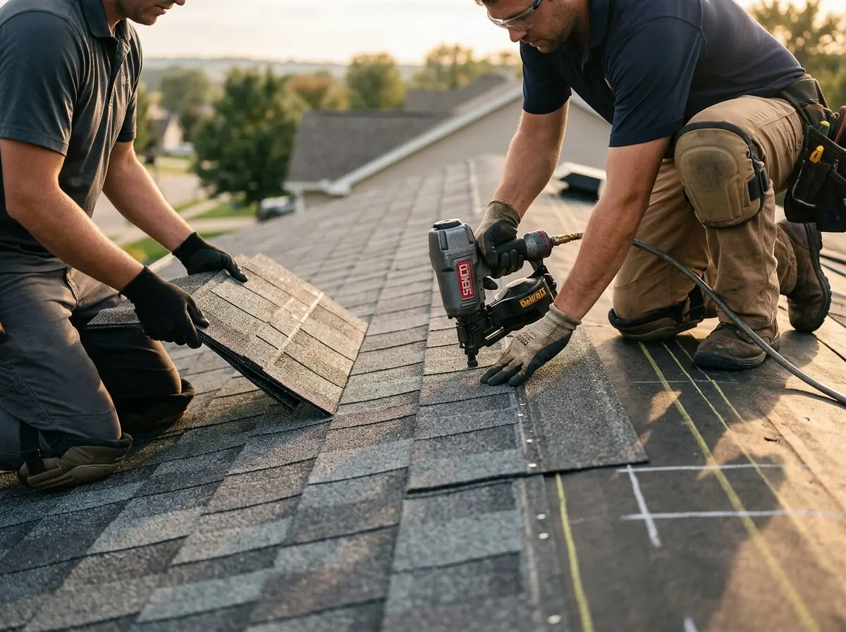 Professional roofer working on a residential roof in Farr West